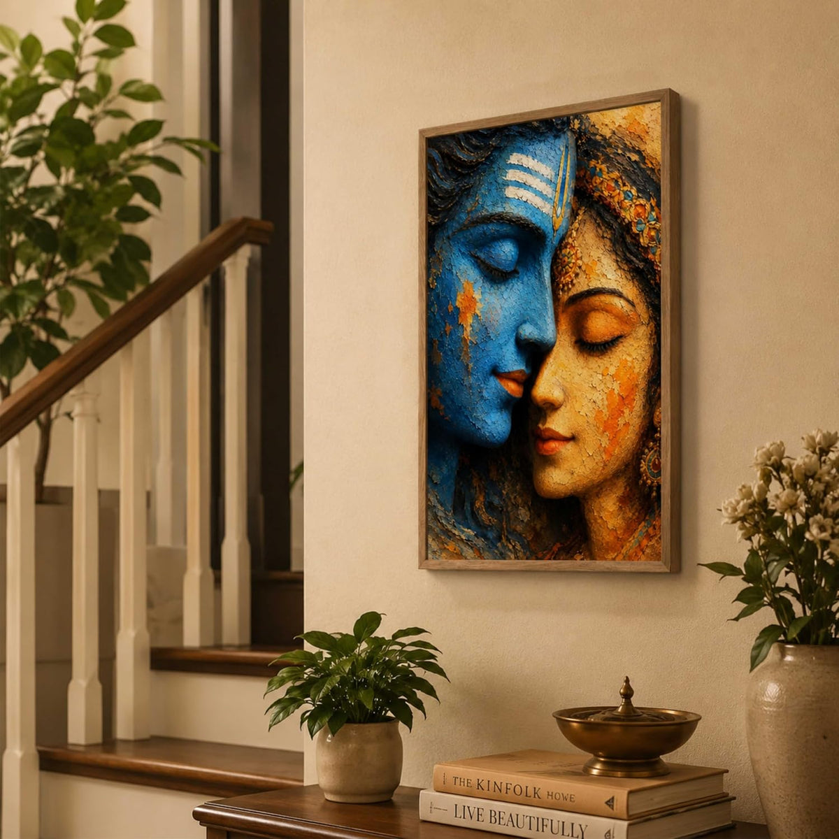 Shiv Parvati Face Wall Painting for Living Room Bedroom Hall Office Decor, Devotional Artwork with Sparkle Laminate and Premium Wooden Synthetic Frame (19.5 x 25.5 Inch) NL01-4112