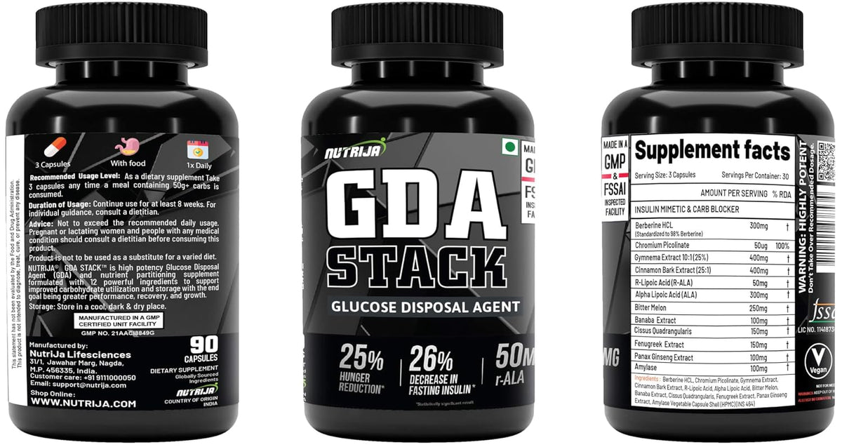 NutriJa GDA Stack | Berberine HCL 98% Standardized, Chromium, ALA, Botanicals and Enzyme |12 Ingredient Blend- 90 Capsules
