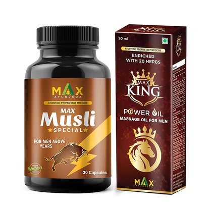 Max Ayurveda Musli Special (For 45+ Men) & King Power Ayurvedic Massage Oil - Combo (30 Capsules + 1 Oil Bottle)