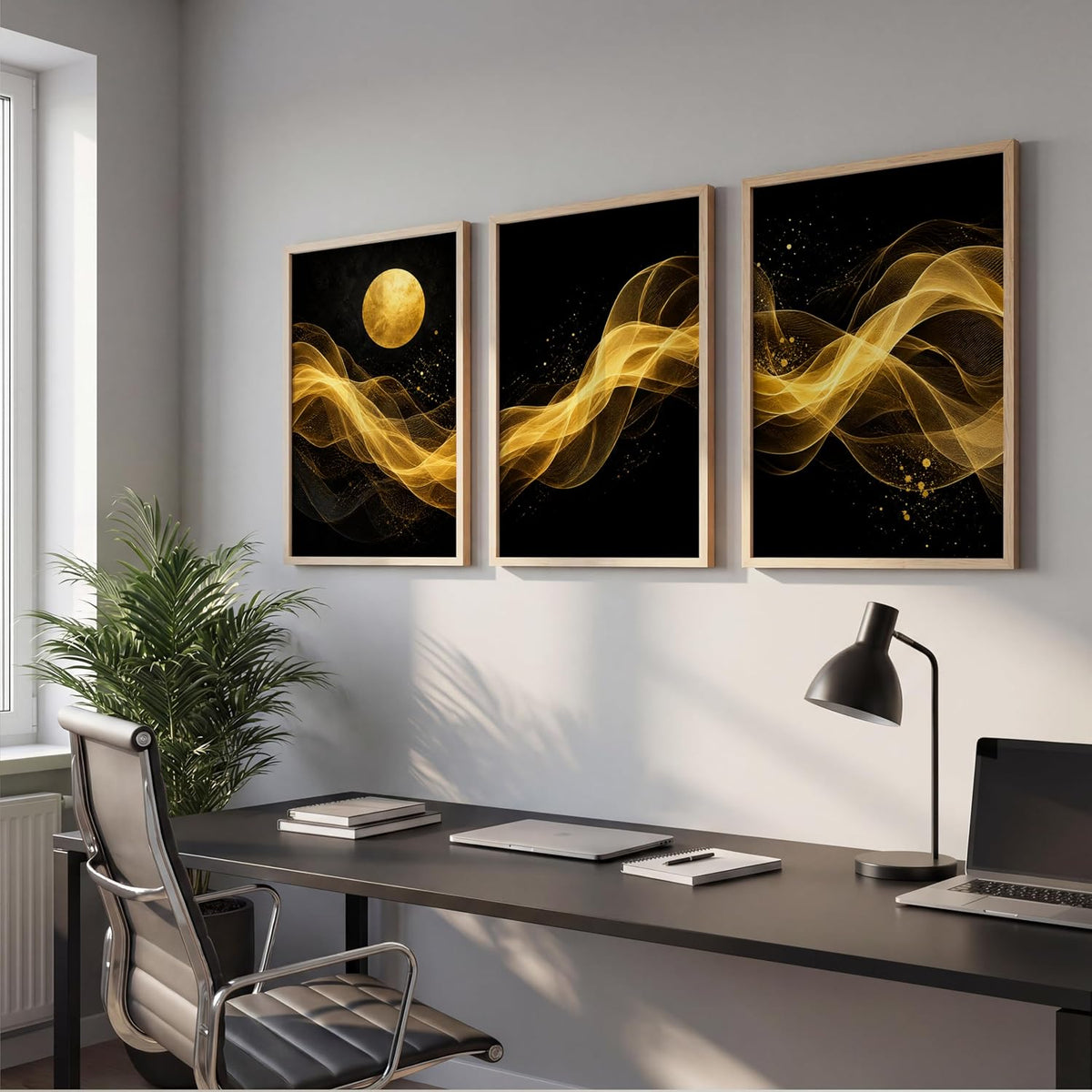 Set of 3 Black Gold Abstract Moon Wall Art Paintings for Living Room | Luxury Modern Wall Decor | Golden Wave Wall Paintings for Bedroom, Hall, Office & Home Decoration (13x19 Inches)