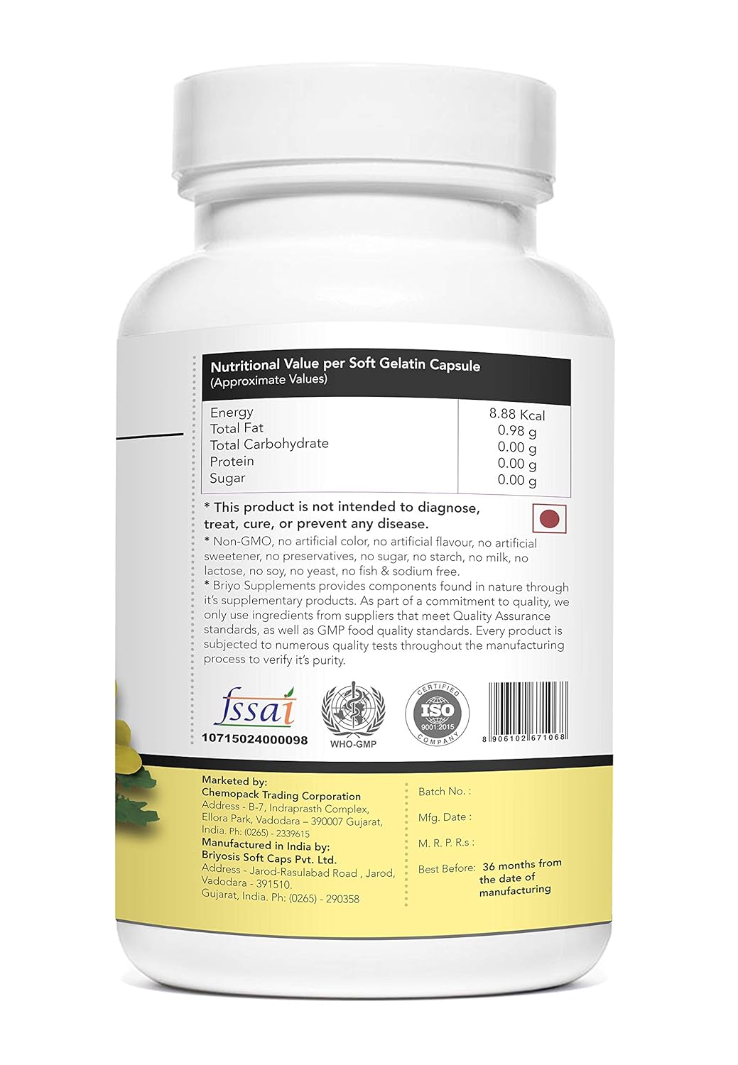 Supplement bottle label with nutritional information and branding on a white background