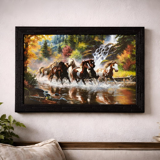 Running Horses Art Framed Painting| Ready to Hnag - (13.5 x 19.5 inch, Multicolor)