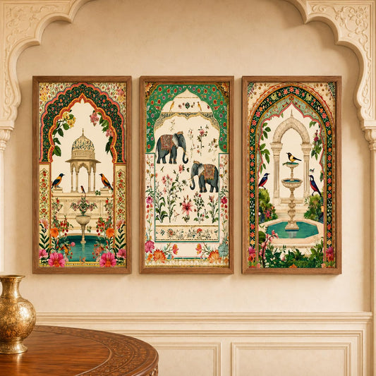 Set of 3 Mughal Garden Fountain Elephant Wall Paintings with Sparkle Laminate, Premium Wooden Synthetic Frame, Indian Heritage Art for Living Room Bedroom Decor