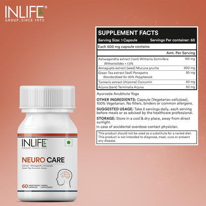 INLIFE Neuro Nerve Care Health Supplement - Ashwagandha, Green Tea, Turmeric (Curcumin), Arjuna, Atmagupta Extracts 500 mg - 60 Vegetarian Capsules (Pack of 1, 60)