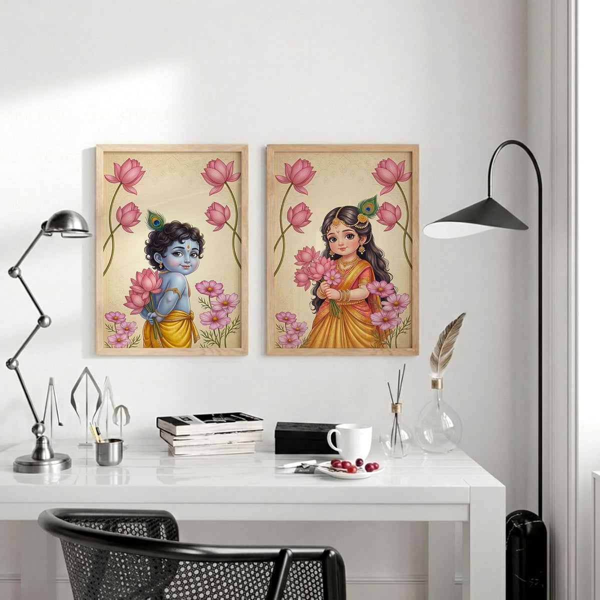 Radha Krishna Painting with Lotus Flowers | Set of 2 Framed Wall Art Paintings | Traditional Indian Decor for Living Room Bedroom Pooja Room | (ART 5, 13x19 INCHES)