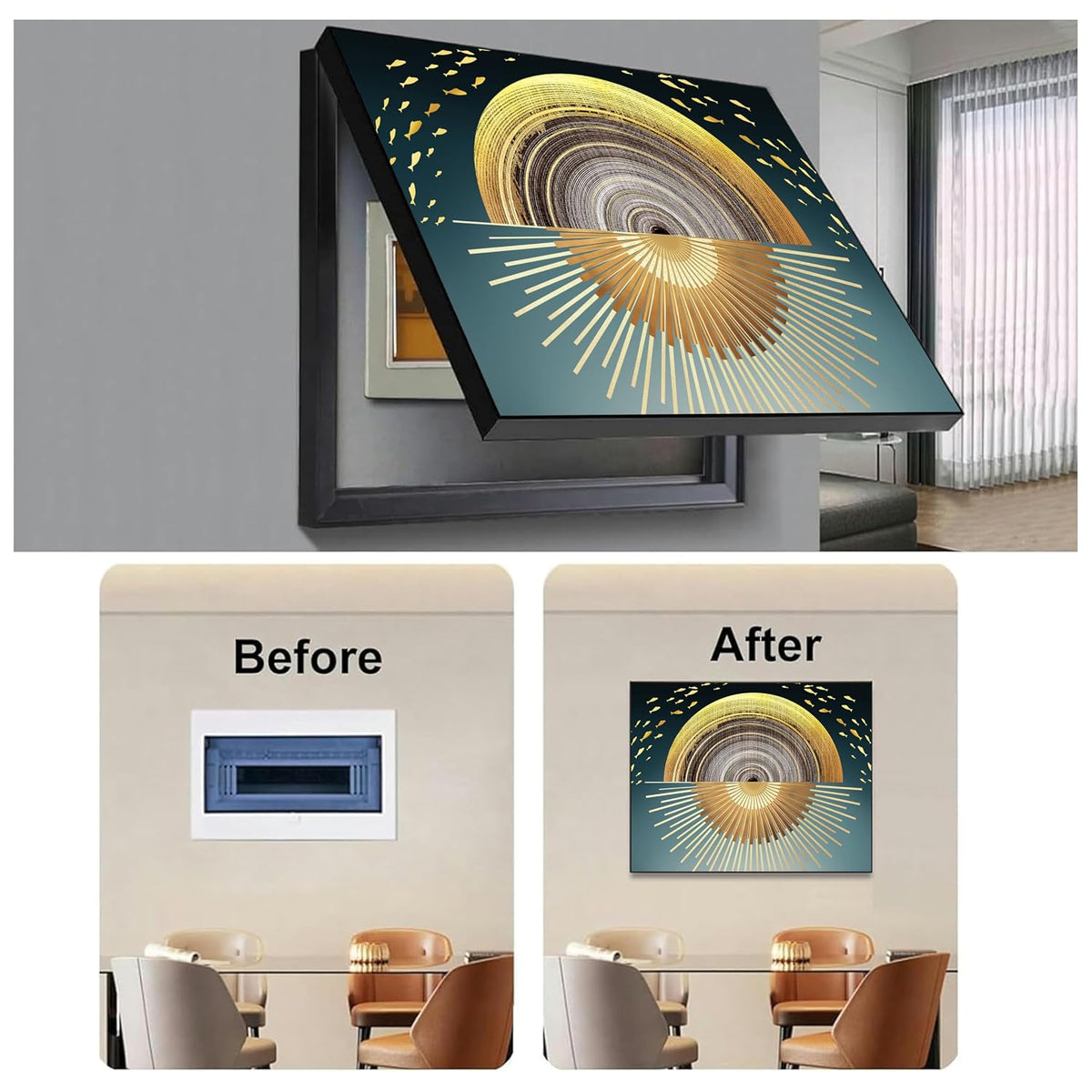 Electric MCB Box Cover Frame With Hydraulic Decorative Painting Gold Sun Painting Electrical Panel box Cover, Switch Box Frame Will Fit Max 10x14 inch Switch Board, Outer Size 13X17 Inch