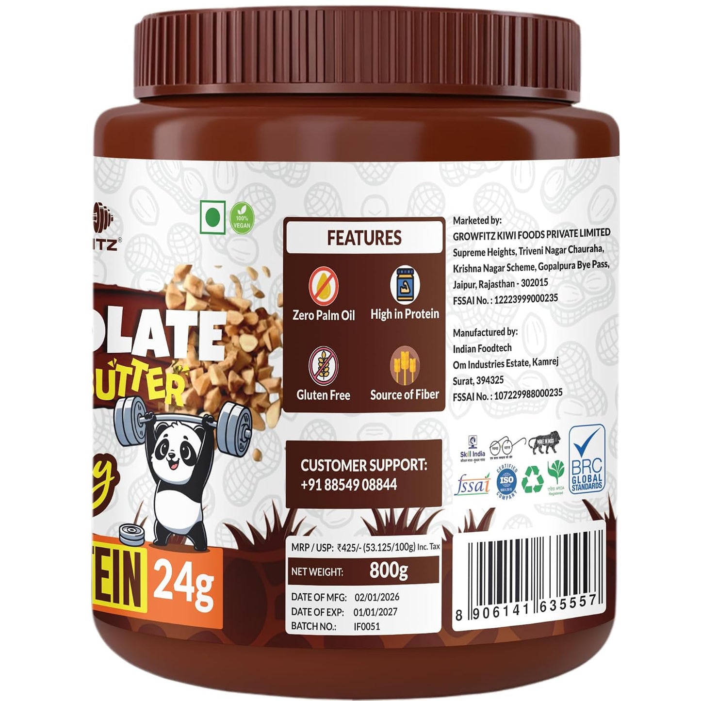Growfitz Peanut Butter Chocolate Crunchy 800g | 24g High Protein Peanut Butter | 7g Fiber | Tasty & Healthy Nut Butter Spread for Breakfast & Snacks | Roasted Peanuts | Zero Sugar (Pack of 1)