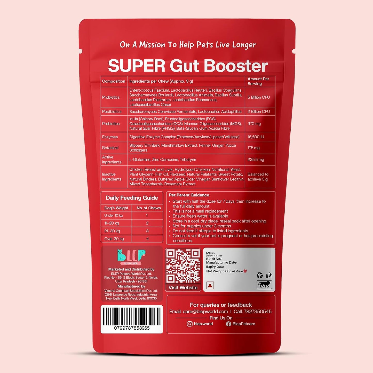 BLEP Super Gut Booster - Dog Probiotic Soft Chew Supplement, Gut Health, Loose Stool, Gas, Diarrhea & Itchy Skin | Pre, Pro & Postbiotics + Digestive Enzymes | 9 Probiotic Strains, 5B CFU | 60g