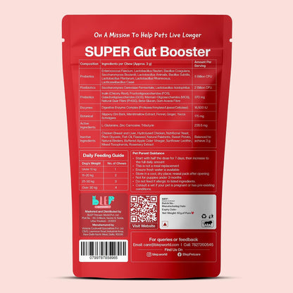 BLEP Super Gut Booster - Dog Probiotic Soft Chew Supplement, Gut Health, Loose Stool, Gas, Diarrhea & Itchy Skin | Pre, Pro & Postbiotics + Digestive Enzymes | 9 Probiotic Strains, 5B CFU | 60g
