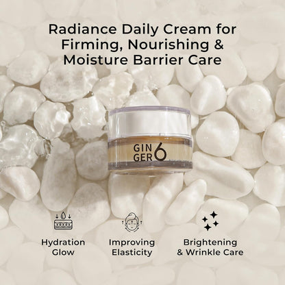 Gin62 radiance daily cream jar on pebbles with product benefits text