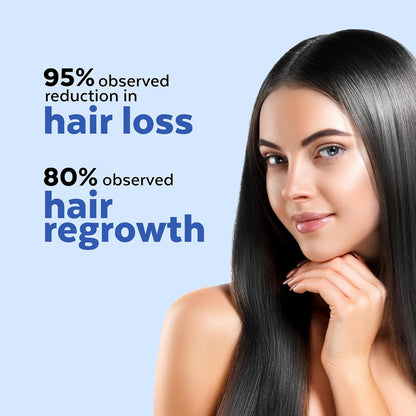 Woman with long, healthy hair against a light blue background with text about hair loss and regrowth.