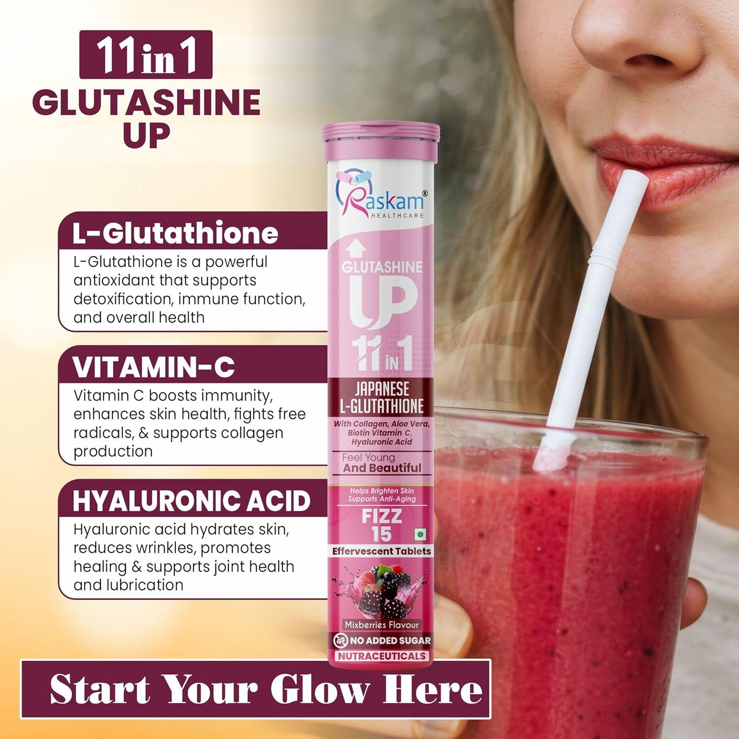 Raskam Glutashine UP supplement with a smoothie and text about its benefits