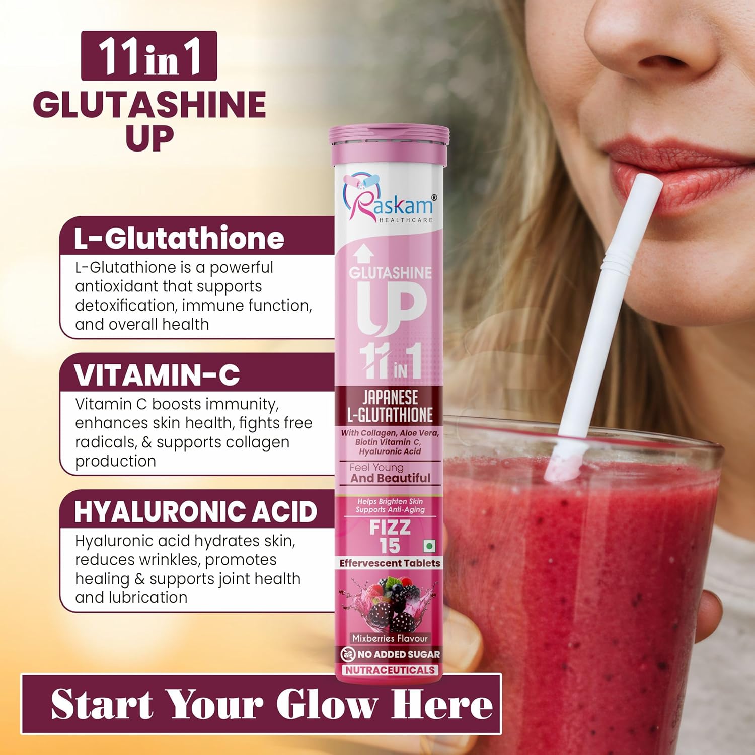 Raskam Glutashine UP supplement with a smoothie and text about its benefits