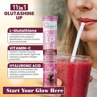 Raskam Glutashine UP supplement with a smoothie and text about its benefits