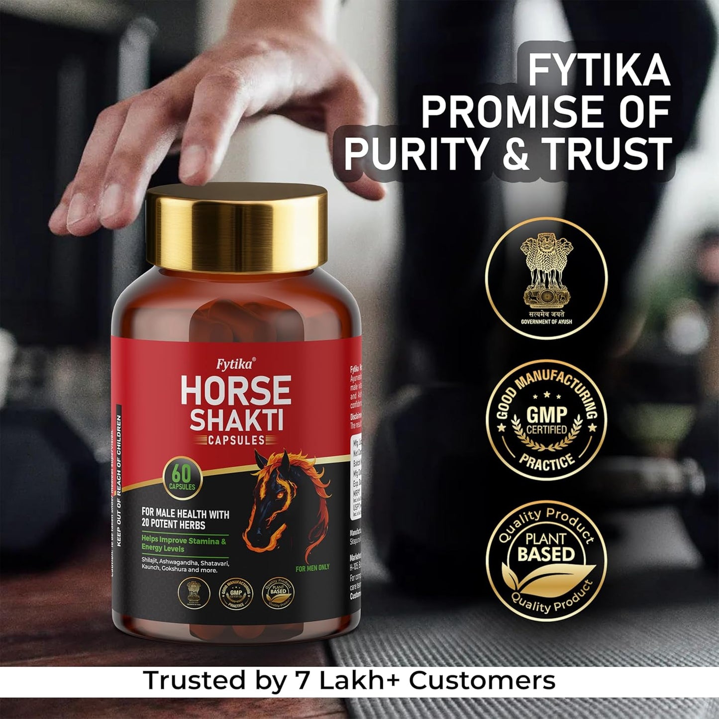 Fytika Horse Shakti capsules bottle with hand holding it, certification logos, and text about trust and purity.