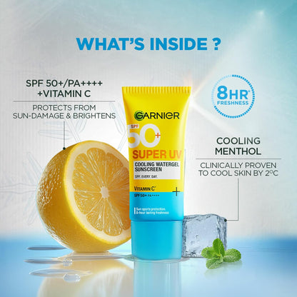 Garnier Super UV sunscreen tube with lemon and ice cube on a reflective surface