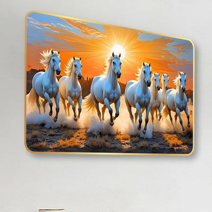 7 Running Horses MDF Wall Art 12x18 Inch | Golden Border Vastu Painting for Home & Office Décor | Modern Elegant Wall Hanging Frame for Living Room, Bedroom (Design 3)