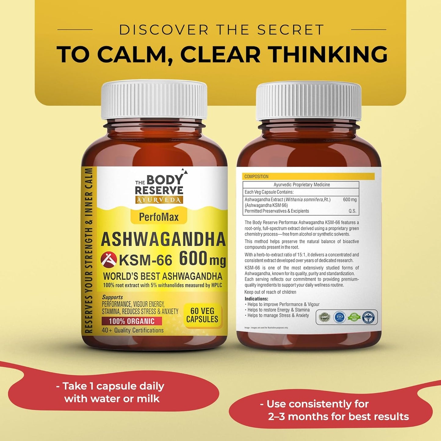 Two bottles of Ashwagandha supplement with promotional text on a yellow background