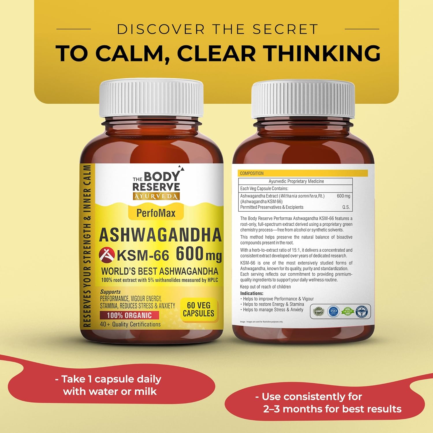 Two bottles of Ashwagandha supplement with promotional text on a yellow background