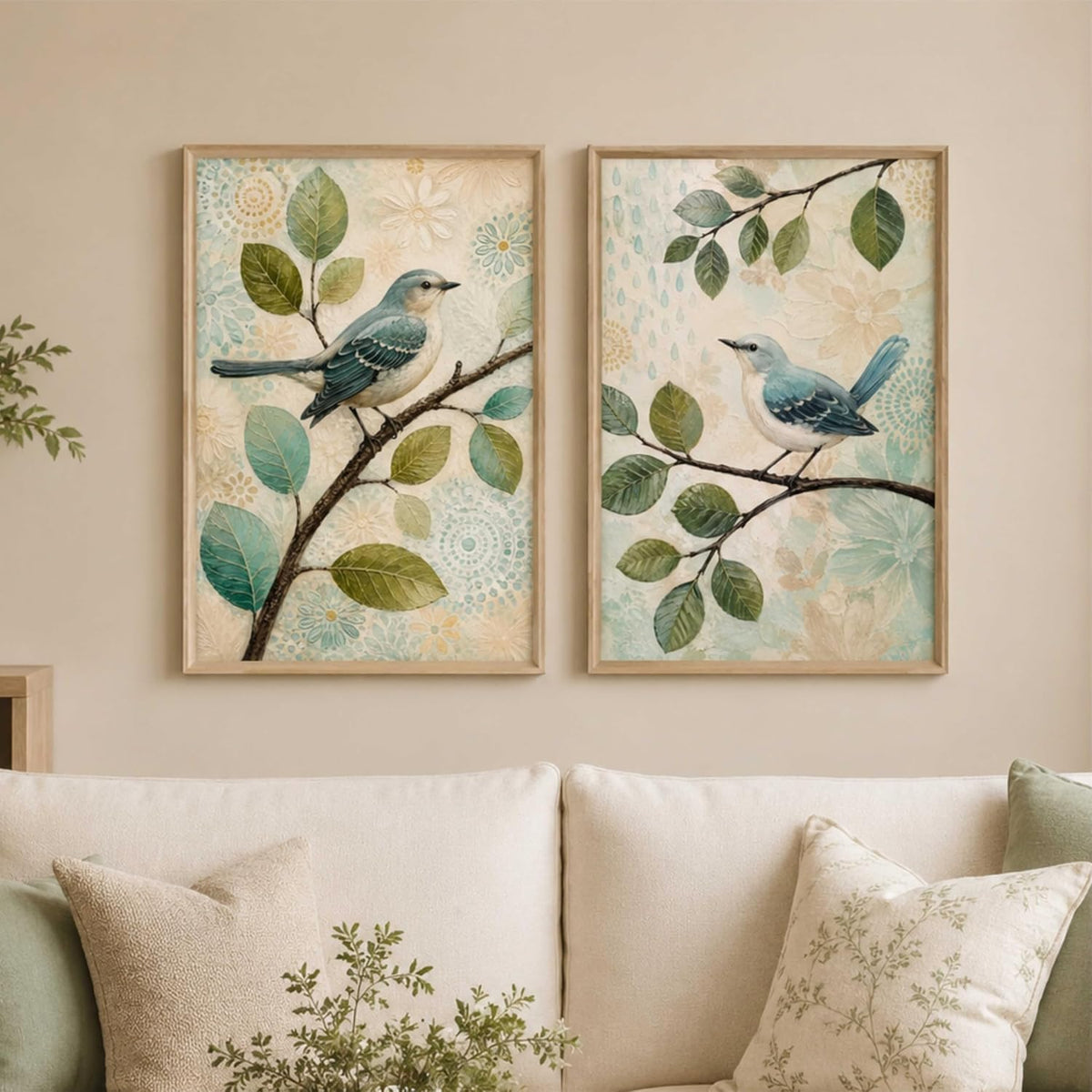 Set of 2 Blue Bird Botanical Wall Paintings with Sparkle Laminate, Premium Wooden Synthetic Frame, Nature Leaf Art for Living Room Bedroom Decor (13.5 x 19.5 Inch) NM02-185