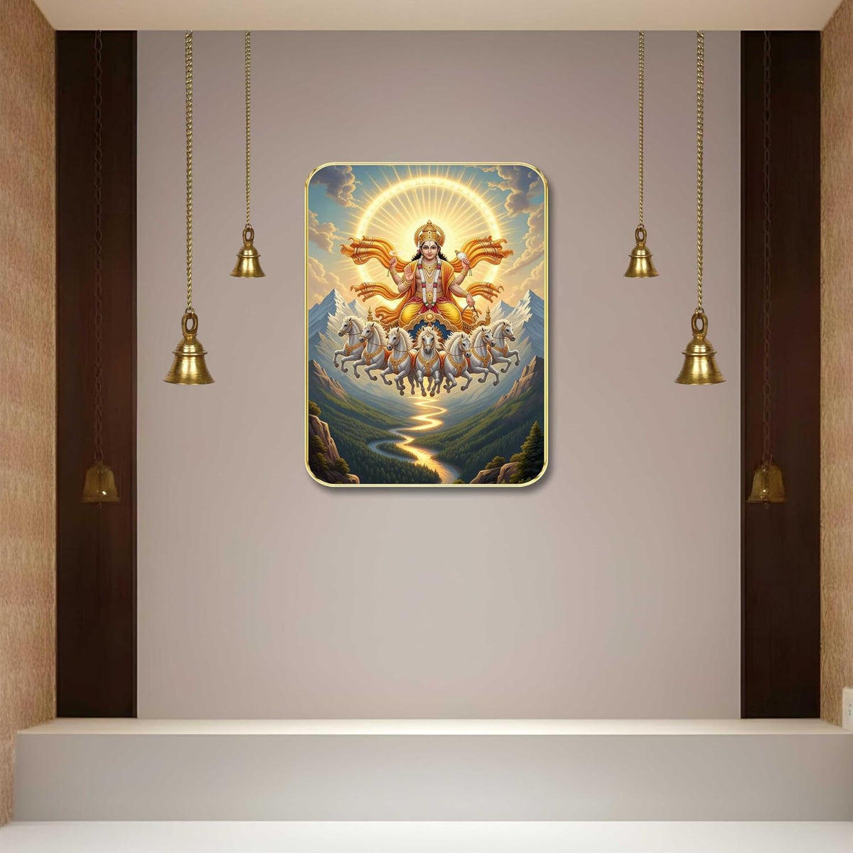 Divine Surya Dev Wall Art with Table Top Stand & Wall Hanging Hole | Premium MDF Sun God 7 Horses Vastu Painting for Living Room Office Home Decor Gift