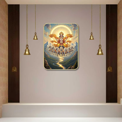 Divine Surya Dev Wall Art with Table Top Stand & Wall Hanging Hole | Premium MDF Sun God 7 Horses Vastu Painting for Living Room Office Home Decor Gift