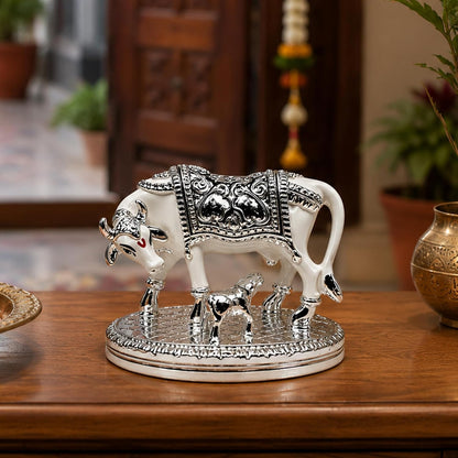 UNOVATE Kamdhenu Cow Idol for Home Temple, Pooja Room & Office Desk, Silver