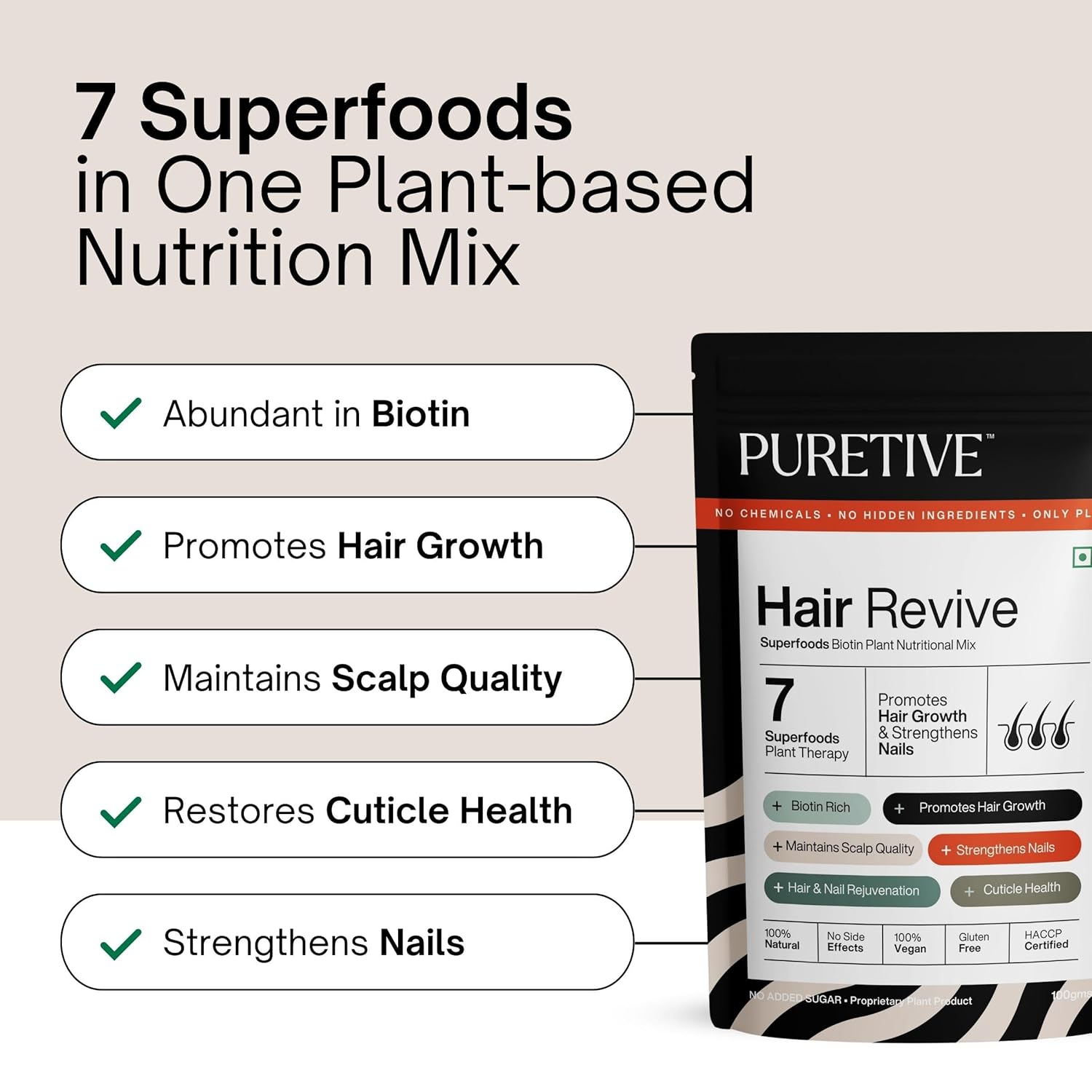 PURETIVE Hair Revive nutrition mix packaging with benefits listed on a beige background
