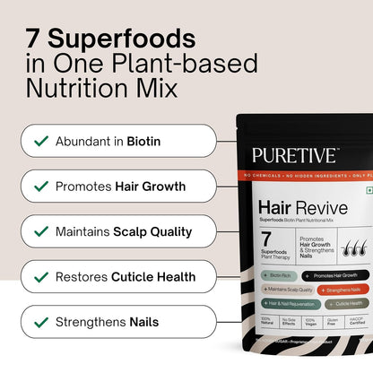 PURETIVE Hair Revive nutrition mix packaging with benefits listed on a beige background