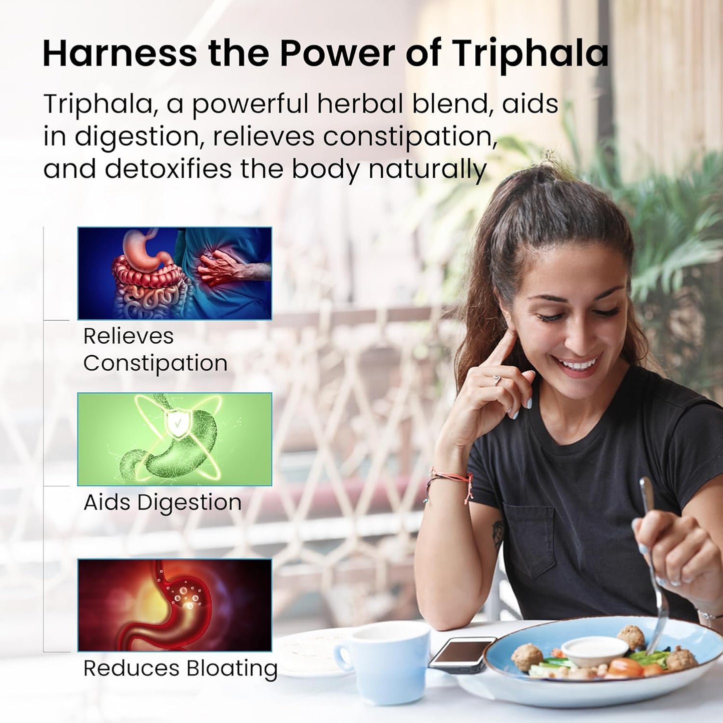 Woman eating a meal with text about Triphala's benefits on a white background