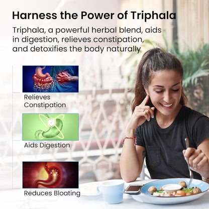 Woman eating a meal with text about Triphala's benefits on a white background