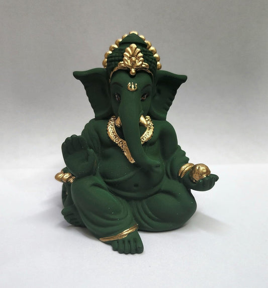 Gold Art India Terracotta Green Gaddi Ganesha for Car Dashboard Home Decor Gifting Diwali Birthday Festivals (GADDITERRACOTTAGREEN)