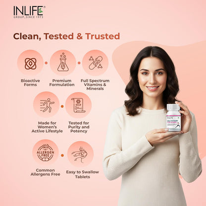 INLIFE Women's Multivitamin Tablets | 60 Tablets | Enriched with Zinc, Vitamin C, Vitamin D, and Essential Multiminerals | Supports Immunity and Energy Levels (Pack of 1)