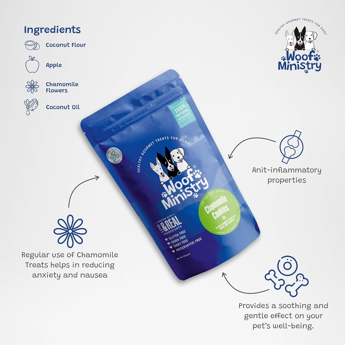 Woof Ministry Chamomile Cookies for Dogs, Minimal Ingredient Dehydrated Dog Treats (Veg Treats -100 Grams)