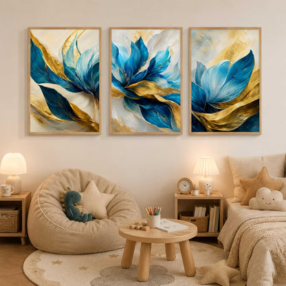 Blue Gold Floral Leaf Wall Painting Set of 3 for Kids Room Bedroom Living Room Hall Decor, Abstract Botanical Art, Premium Wooden Synthetic Frame (13.5 x 19.5) NM03-152