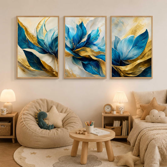 Blue Gold Floral Leaf Wall Painting Set of 3 for Kids Room Bedroom Living Room Hall Decor, Abstract Botanical Art, Premium Wooden Synthetic Frame (13.5 x 19.5) NM03-152
