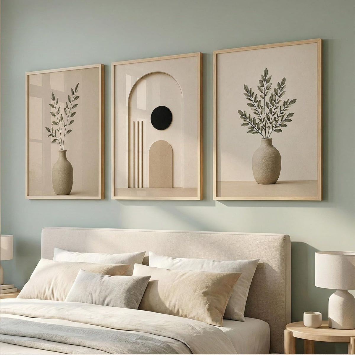 Set of 3 Japandi Botanical Wall Art Paintings, Wooden Frame, 13x19 Inches, for Living Room, Bedroom, Office, and Home Decoration