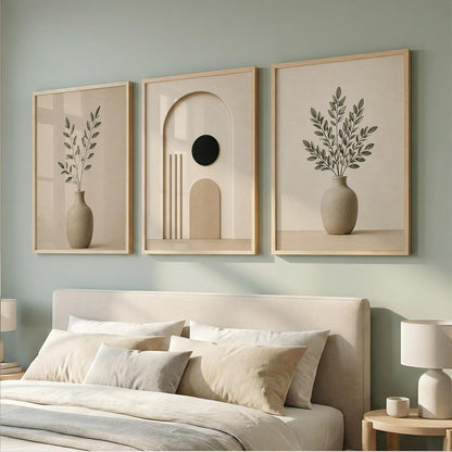Set of 3 Japandi Botanical Wall Art Paintings, Wooden Frame, 13x19 Inches, for Living Room, Bedroom, Office, and Home Decoration