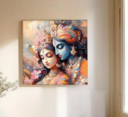 Divine Radha Krishna Stretched Canvas Painting for Living Room | Spiritual Canvas Artwork Wall Décor Art For Livingroom, Bedroom, Office, Hallways - 16x16 Inch