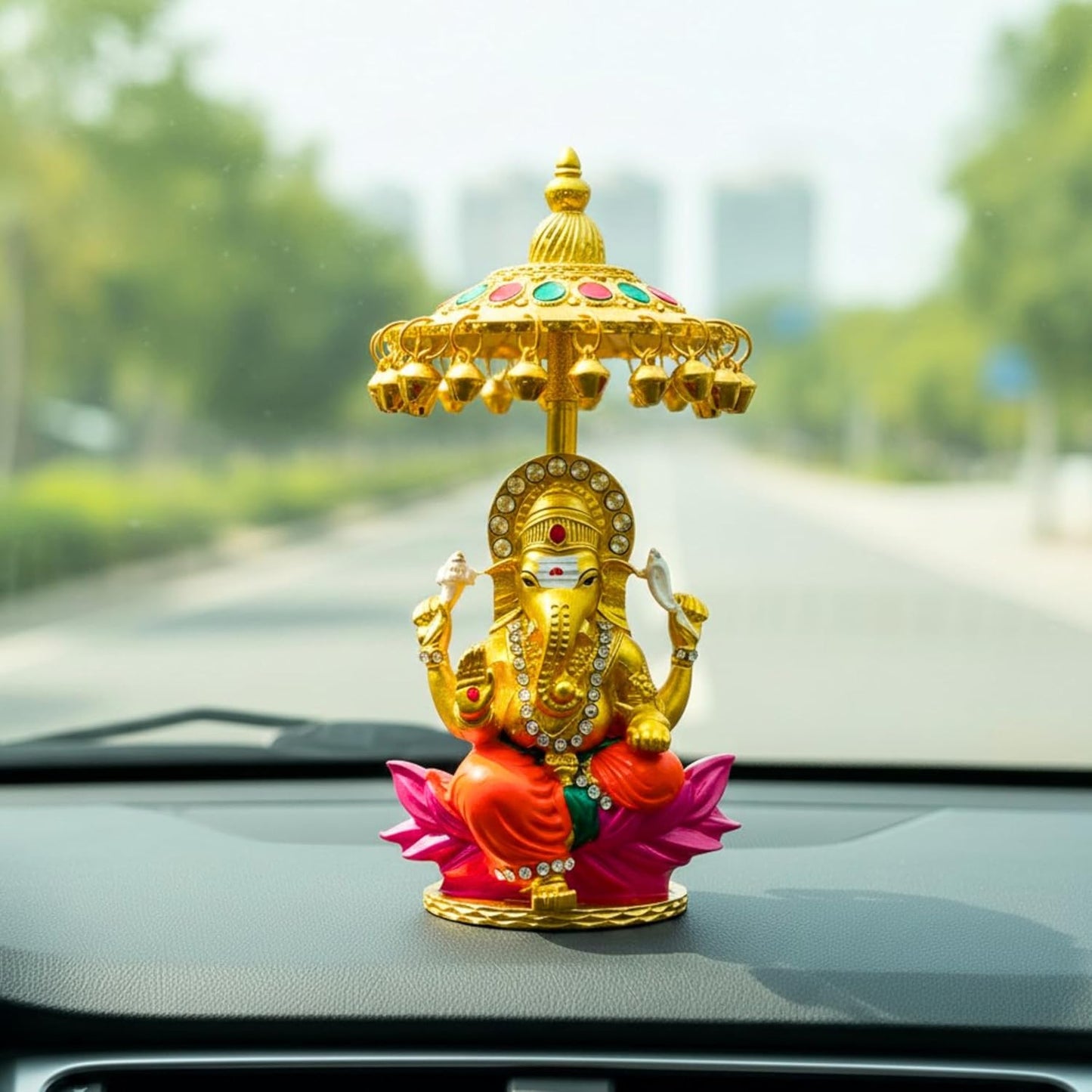 Yaa Catchy Lord Ganesha Car Dashboard Idol & Crystal Stones Hindu God Ganpati.Believed to Protect and Bless Travelers on Their Journeys. (Umbrella Colour)