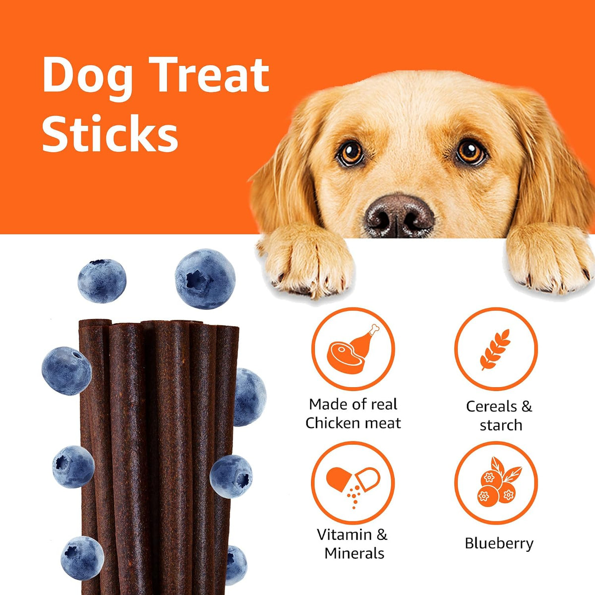 Amazon Basics Dog Treat Sticks 140 gm, Chewy Meat Sticks for Adult Dogs and Puppies, High Protein Dog Treats for Training and Snacks, Made of Real Chicken Meat, Ziplock Pack, Blueberry Flavor
