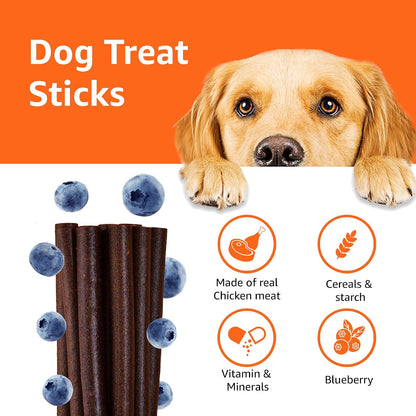 Amazon Basics Dog Treat Sticks 140 gm, Chewy Meat Sticks for Adult Dogs and Puppies, High Protein Dog Treats for Training and Snacks, Made of Real Chicken Meat, Ziplock Pack, Blueberry Flavor