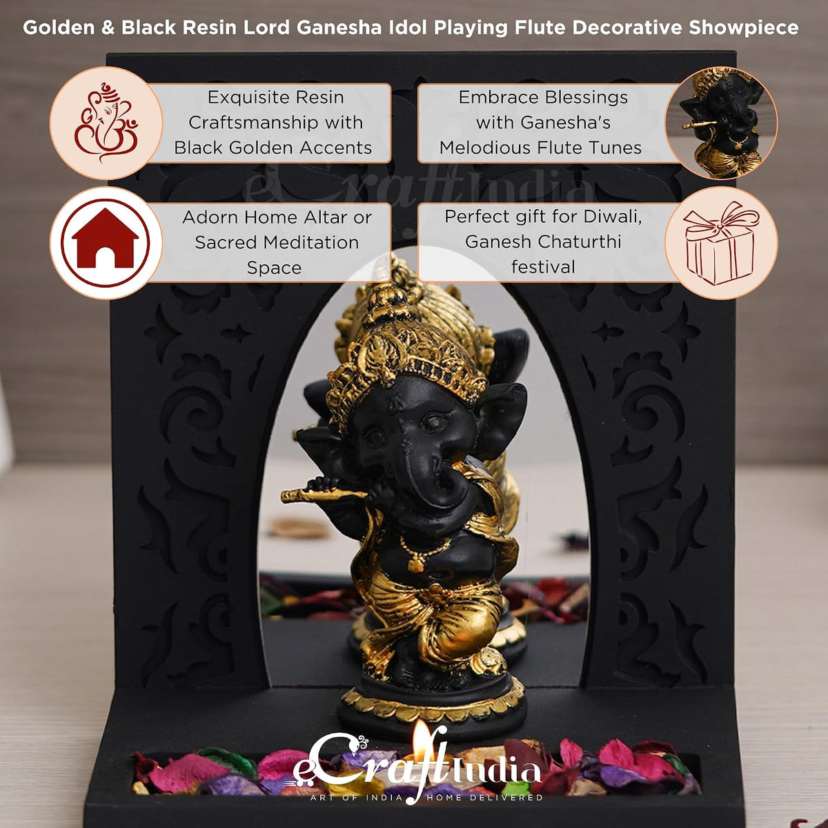 Golden And Black Polyresin Lord Ganesha Idol Playing Flute Musical Instrument Decorative Showpiece - Ideal For Home, Office Decor - Gift For Diwali, Birthday, Ganesh Chaturthi Celebrations