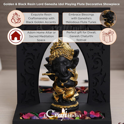 Golden And Black Polyresin Lord Ganesha Idol Playing Flute Musical Instrument Decorative Showpiece - Ideal For Home, Office Decor - Gift For Diwali, Birthday, Ganesh Chaturthi Celebrations
