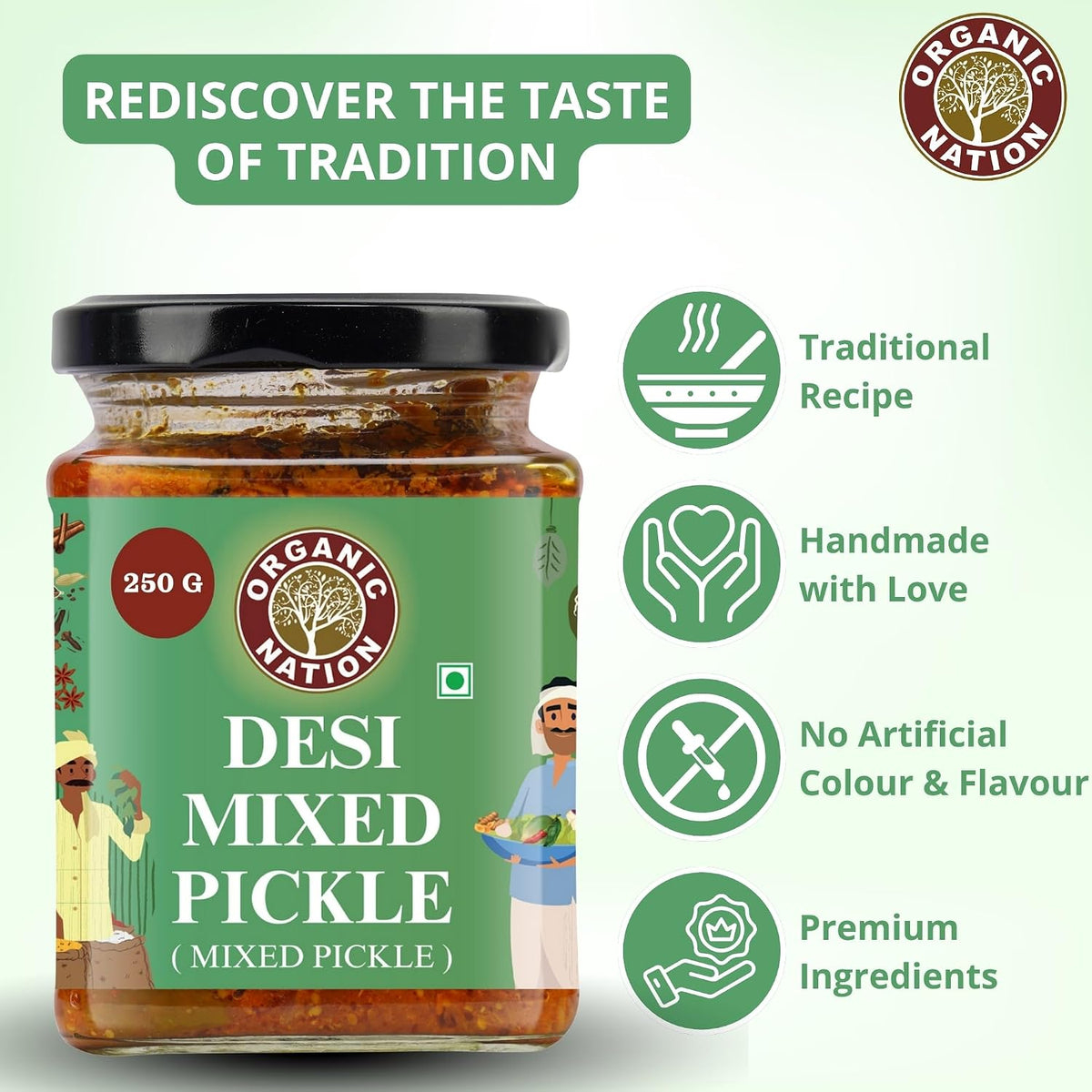 ORGANIC NATION Deliciously Tangy Mixed Pickle | Pickles with Fresh Ingredients | Authentic Mixed Vegetable Pickle | Traditional Indian Achaar| No Preservatives | 250g Jar | Vibrant Green