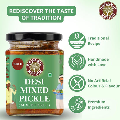 ORGANIC NATION Deliciously Tangy Mixed Pickle | Pickles with Fresh Ingredients | Authentic Mixed Vegetable Pickle | Traditional Indian Achaar| No Preservatives | 250g Jar | Vibrant Green