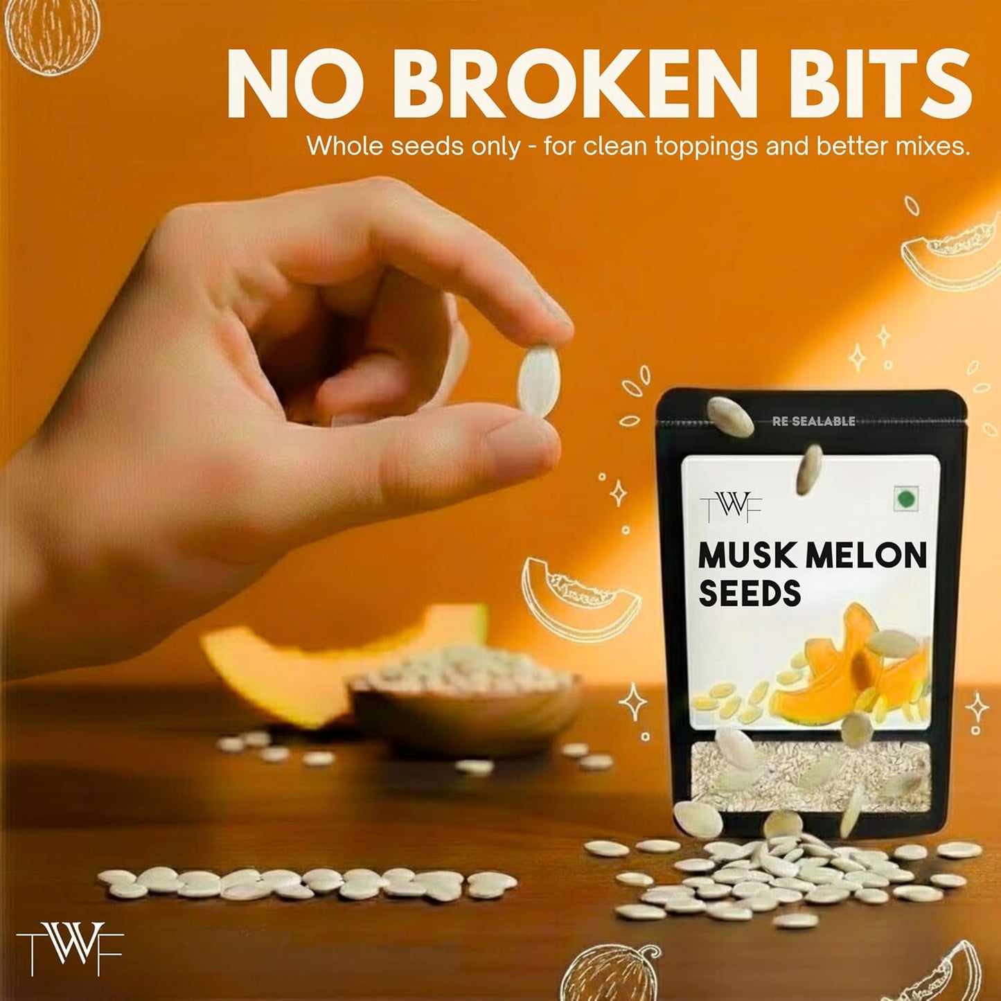 TWF Virgin Muskmelon Seeds | AAA Grade Seeds for Eating | 100% Natural | Kharbooja Magaj | Peeled | Gluten Free | Perfect for Snacking & Cooking | Resealable Pack | Diet Snack | Unroasted | Unsalted | Highest Natural Potency