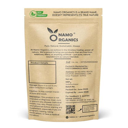 Namo Organics packaging with branding and product details on a white background