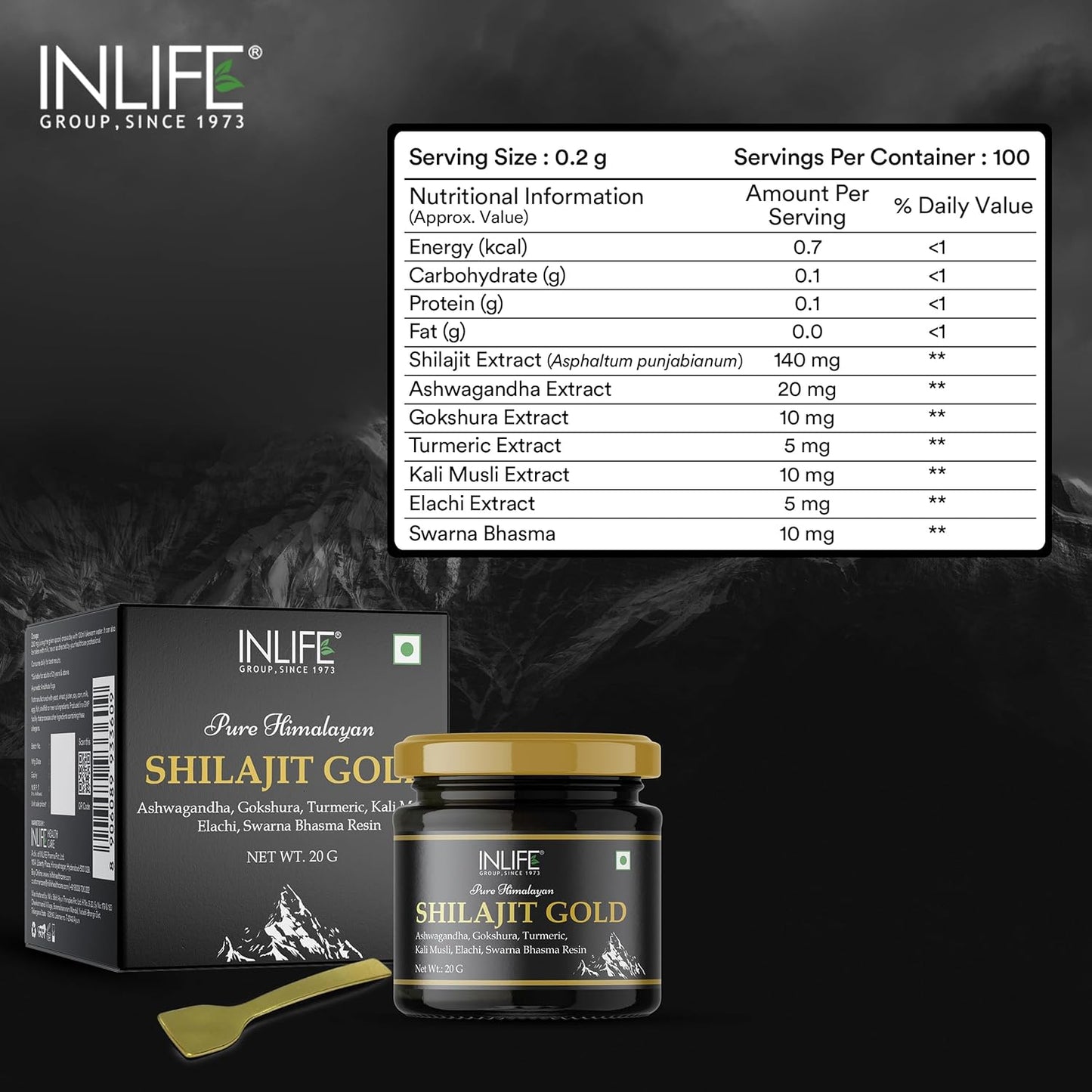 INLIFE Shilajit Gold 20g | Original Himalayan Shilajit Resin with Ashwagandha, Tribulus, Turmeric, Kali Musli for Strength, Endurance & Stamina | 75% Fulvic Acid | Lab Tested Ayurvedic Supplement