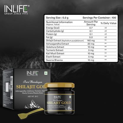 INLIFE Shilajit Gold 20g | Original Himalayan Shilajit Resin with Ashwagandha, Tribulus, Turmeric, Kali Musli for Strength, Endurance & Stamina | 75% Fulvic Acid | Lab Tested Ayurvedic Supplement